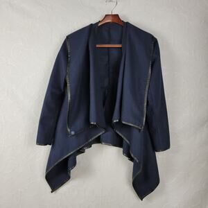 Jeykay Womens Cardigan Jacket Navy Blue Leather Trim Asymmetric Drape Open Front
